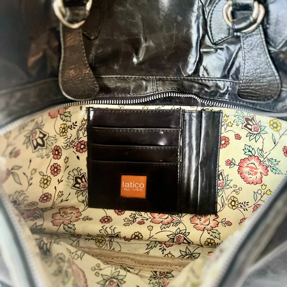 Vintage Latico Black Distressed Leather Laptop Bag with fringe details
